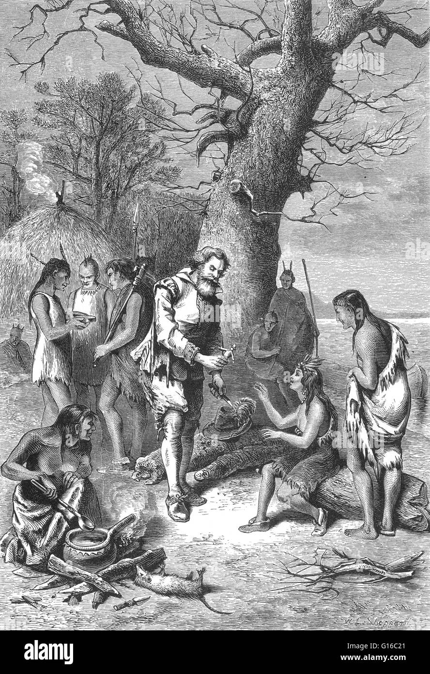 En décembre 1607, tout en cherchant la nourriture le long de la rivière Chickahominy, le Capitaine John Smith a été capturé et emmené à rencontrer le chef de l'Powhatans. Bien qu'il craignait pour sa vie, il a finalement été relâché sans dommage et, plus tard, attribuée en partie à cette Banque D'Images