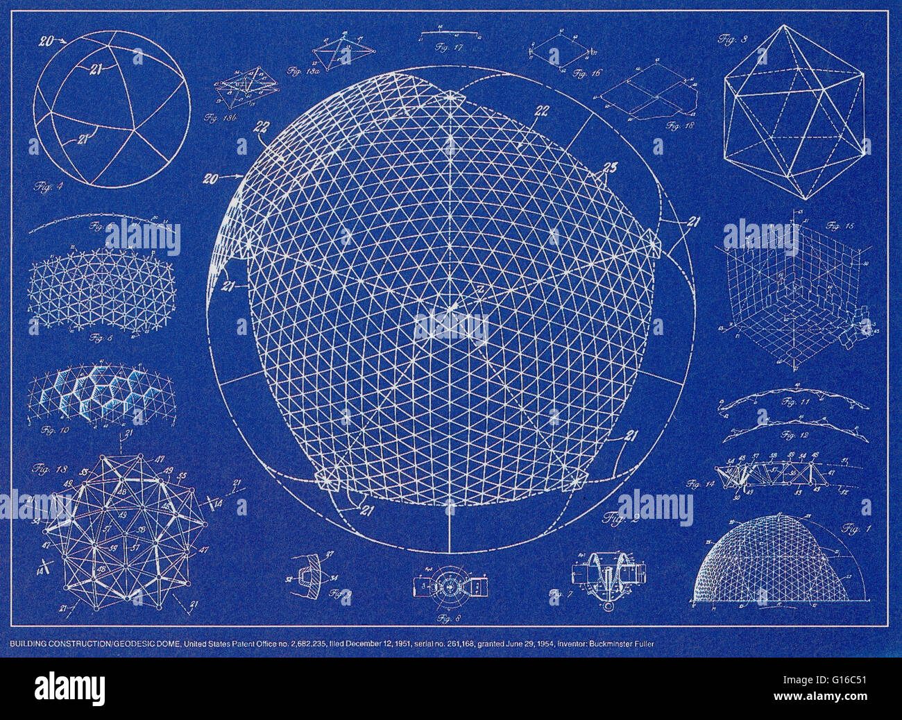 Buckminster Fuller. Construction / dôme géodésique. United States Patent no. 2,682.235, déposée le 12 décembre 1951. Écran-impression, l'encre blanche sur transparent sur feuille de papier bleu, 1981. Richard Buckminster Fuller (12 juillet 1895 - 1 juillet 1983) a été Banque D'Images