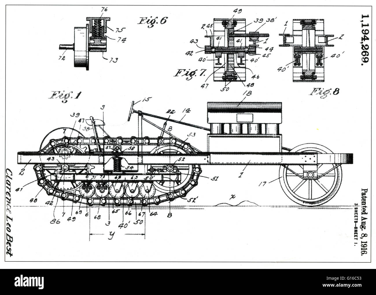 En 1913, C.L. Meilleur a déposé une demande de brevet pour son crawler-style tracteur. Le brevet a été délivré en 1916. Le suivi continu, aussi appelée bande de roulement ou réservoir, chenilles est un système de propulsion du véhicule dans lequel une bande continue de voie est entraînée par deux o Banque D'Images