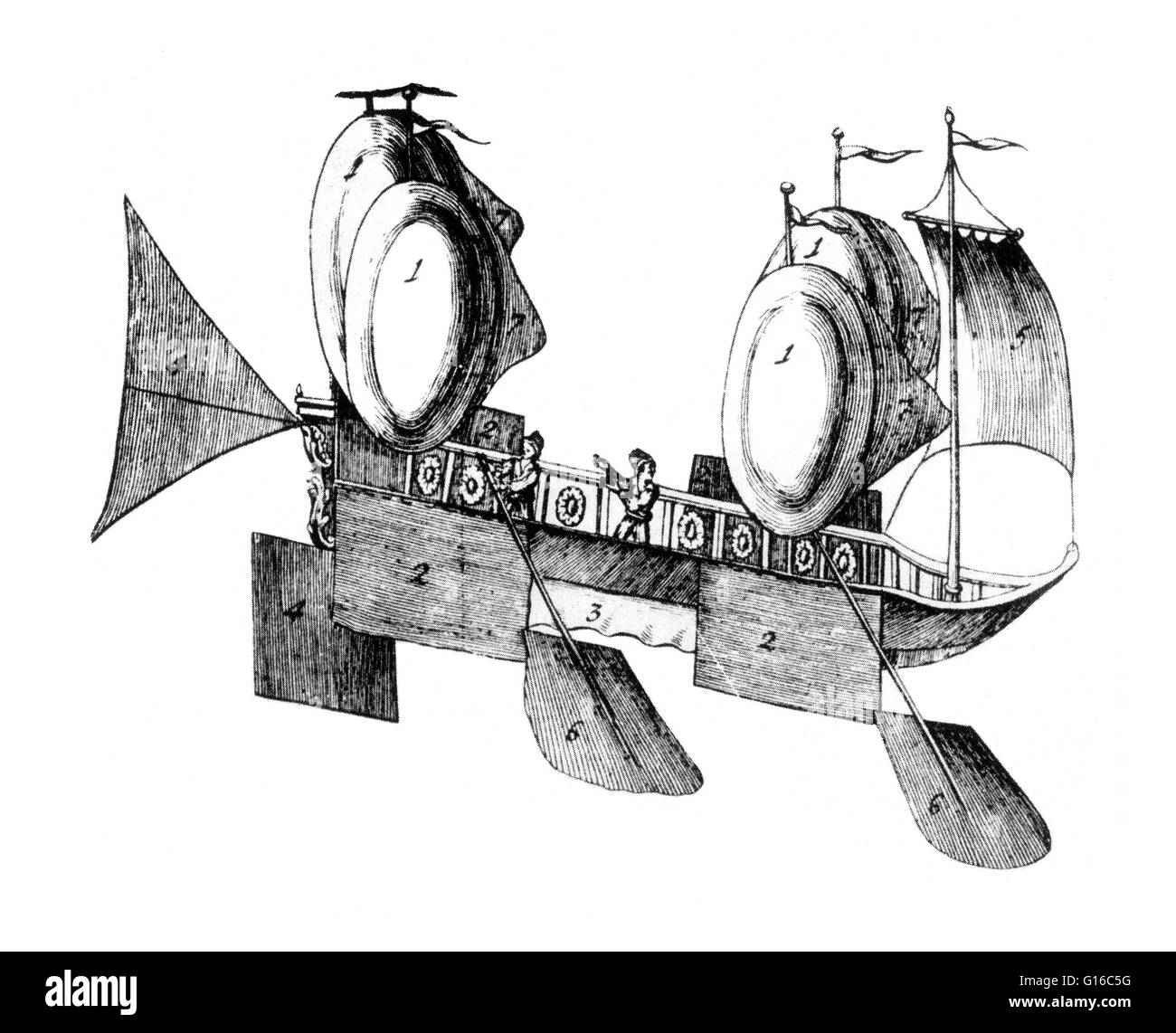 Un projet espagnol pour une accolade bateau à voile. Remarque la coque du navire, voiles, du gouvernail, des avirons et "globos aerostaticos'. L'avenir et le concept d'éternité ont été les principaux sujets de la philosophie, la religion, et la science, et les définir de façon controversée, non-ha Banque D'Images