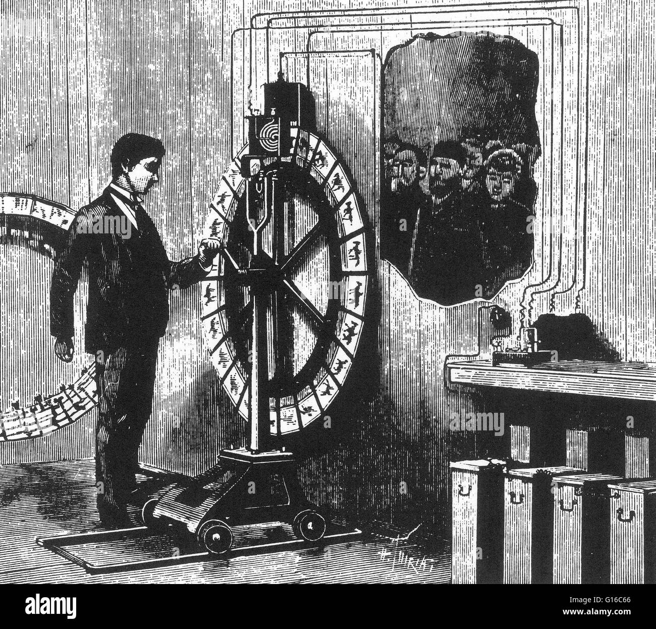 Anschutz Ottomar (le 16 mai 1846 - 30 mai 1907) est un inventeur allemand, photographe, et chronophotographer. Il a inventé 1/1000 de seconde, de l'obturateur et l'electrotachyscope en 1887. Le electrotachyscope est un disque de 24 diapositives de verre, powe manuellement Banque D'Images