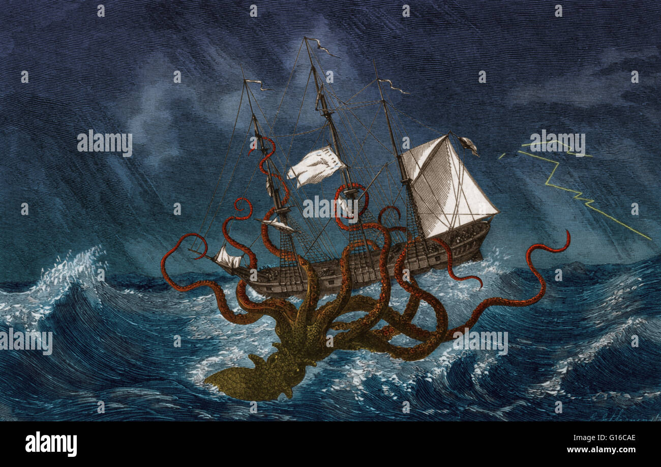 L'attaque du Kraken navire pendant une tempête, l'image remonte à 1700. Kraken sont légendaires monstres marins de proportions gigantesques dit de demeurer au large des côtes de la Norvège et du Groenland. La légende peut avoir pour origine l'observation de calmars géants qui sont estimées à Banque D'Images