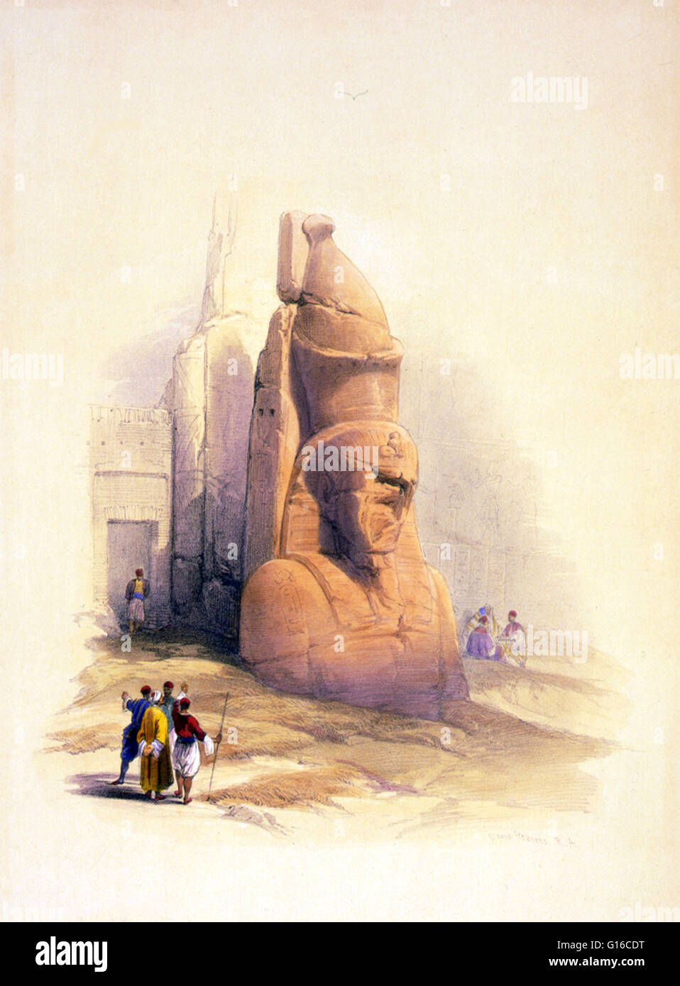 Intitulé : "L'une des deux statues colossales de Ramsès II L'entrée au temple de Louxor.' Le temple de Louxor est un énorme complexe de temple égyptien ancien situé sur la rive est du Nil dans la ville aujourd'hui connue sous le nom de Louxor (Thèbes antique). Ne Construction Banque D'Images