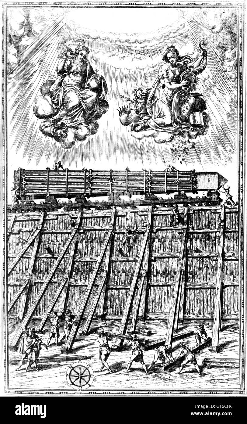 Gravure par Domenico Fontana intitulée : 'Obélisque, enveloppée dans un carter de protection, sur le côté, sur les galets, se déplaçant le long de l'échafaudage du Cirque Néron à son nouvel emplacement à la place de Saint Pierre à Rome, 1590.' l'obélisque a été érigé à Banque D'Images