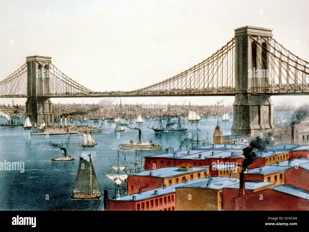 Currier & Ives lithographie intitulée : "Le pont de la rivière Grand est : pour connecter les villes de New York et Brooklyn, 1872.' Le Pont de Brooklyn est l'un des plus anciens ponts suspendus des États-Unis. Achevé en 1883, il relie les quartiers de Manhatt Banque D'Images