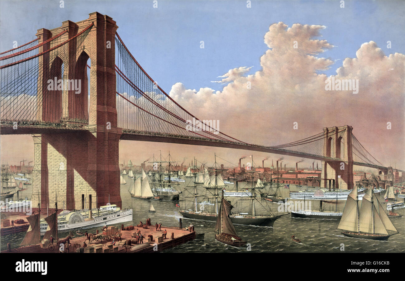 Currier & Ives lithographie intitulée : "Le grand pont suspendu de la rivière de l'Est : connecter les villes de New York et de Brooklyn à New York, au sud-est, 1877.' Le Pont de Brooklyn est l'un des plus anciens ponts suspendus des États-Unis. J'ai terminé Banque D'Images