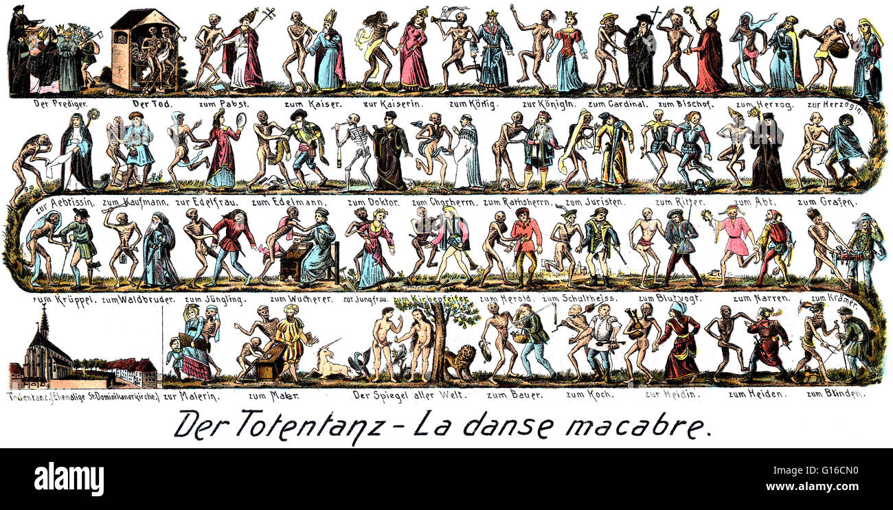 'Der Totentanz, la danse macabre" vintage carte postale illustrée, 1904, publié à Zurich, Suisse. La danse de mort, aussi appelée Danse Macabre (français), Danza Macabra (Italien), Dansul Mortii (roumain), Danza de la Muerte (Espagnol), dansa de la mort ( Banque D'Images
