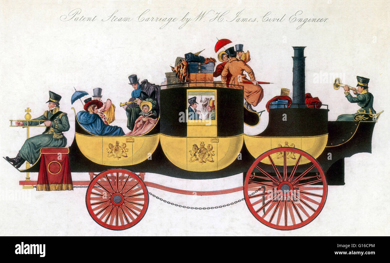 Ce brevet pour un chariot à vapeur montre une voiture sans chevaux stage coach avec une chaudière à l'arrière pour la production de vapeur à haute pression. Il a été inventé et conçu par William Henry James en 1824, mais il n'a jamais été construite. Un bus est un bus à vapeur propulsé par une machine à vapeur Banque D'Images