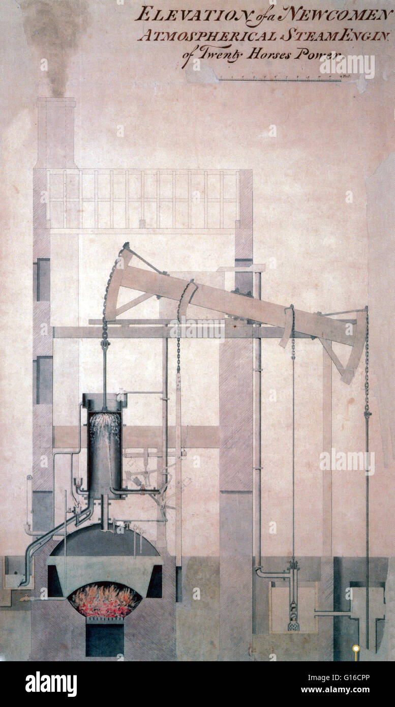Dessin d'un 20 HP moteur Newcomen. Le moteur atmosphérique inventé par Thomas Newcomen en 1712, souvent appelé simplement comme un moteur Newcomen, a été le premier dispositif pratique d'exploiter la puissance de la vapeur pour produire un travail mécanique. Newcomen moteurs ont été u Banque D'Images