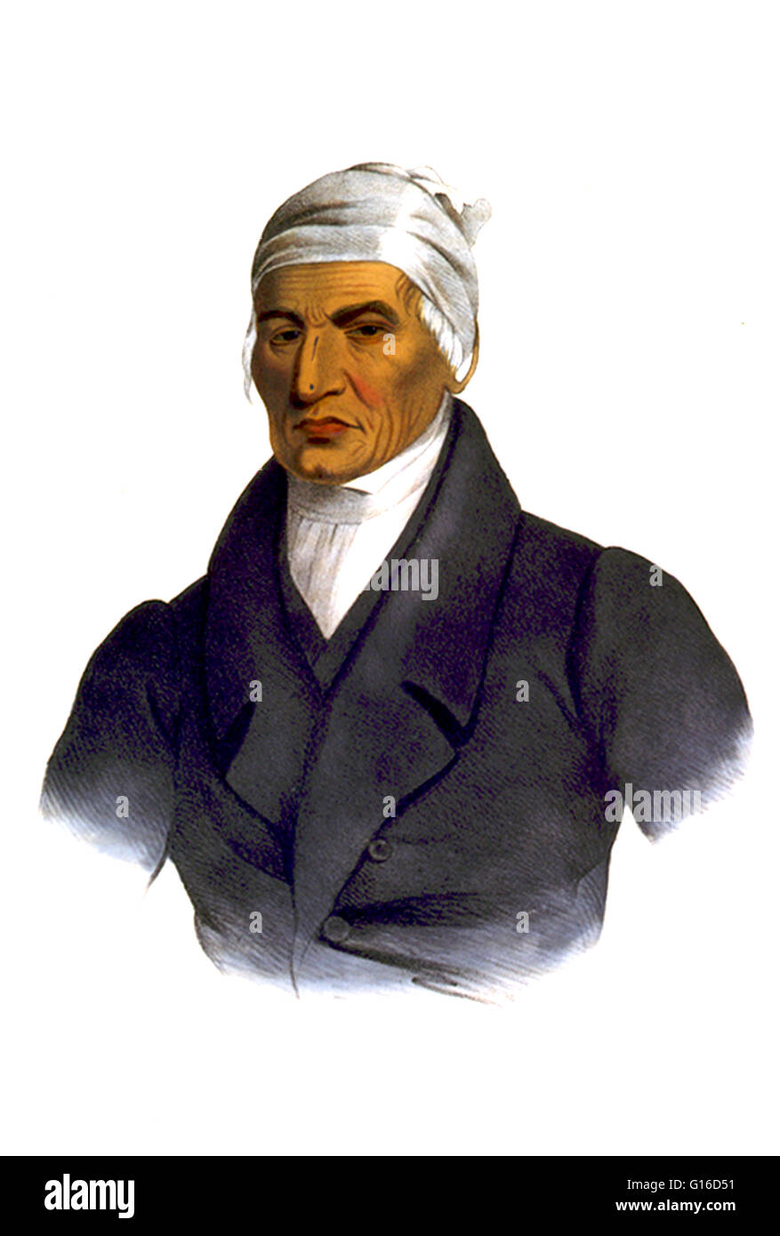 Ca-Ta He-Cas-Sa-Black-Hoof lithographie de Jean I.T. L'établissement lithographique Bowen, 1838. Catecahassa ou Noir Sabot (1740 - 1831) était le chef des chef des Indiens Shawnee. Un membre de la division de l'Mekoche les Shawnees, il est devenu connu comme un fi Banque D'Images