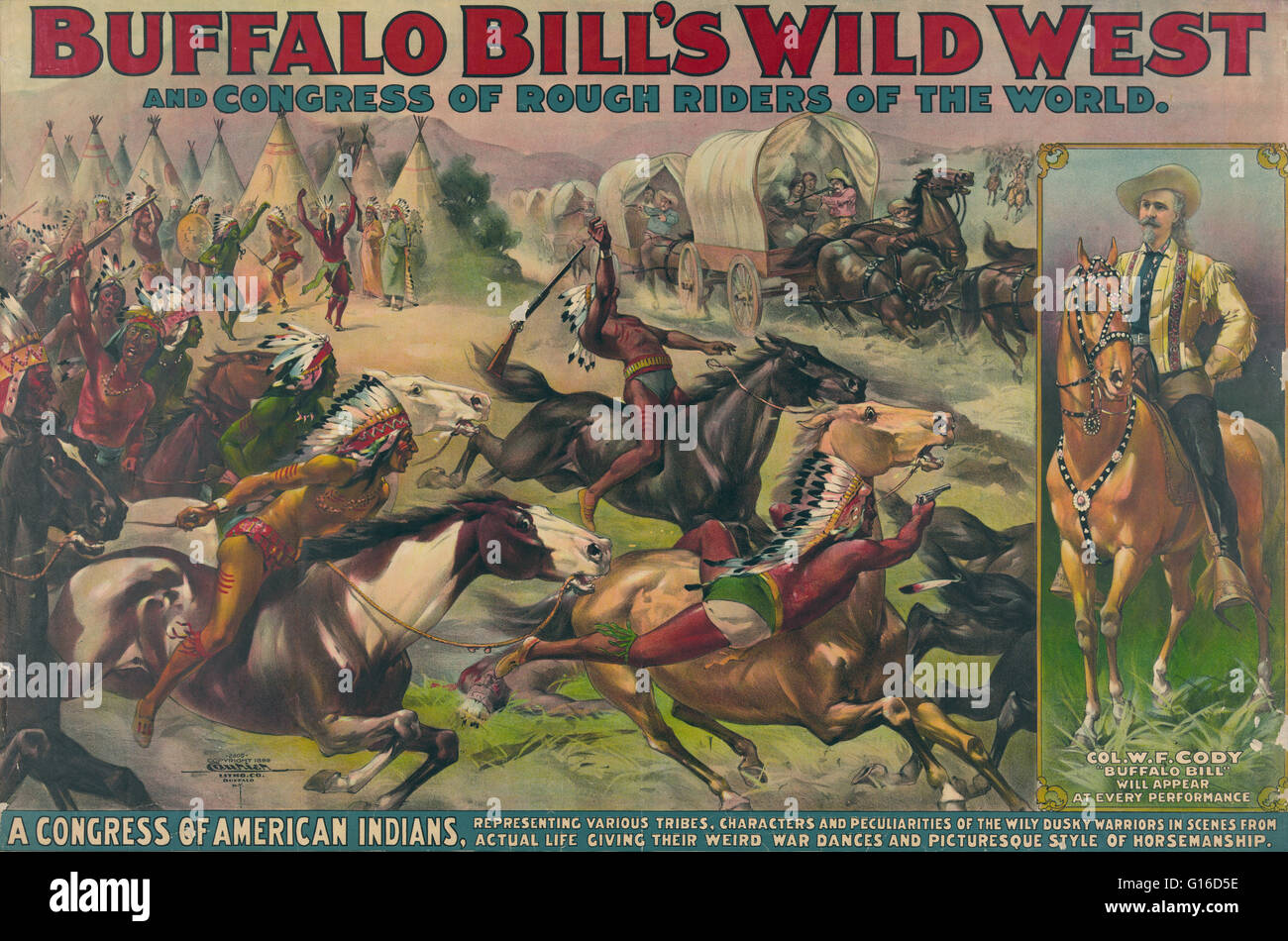 Buffalo Bill's Wild West et un congrès des Indiens américains. Circus affiche montrant les Indiens américains menant attaque contre pionniers dans des wagons couverts. Chromolithographie par la compagnie Currier, 1899 Lithographie. Comprend portrait de Buffalo Bill à cheval Banque D'Images