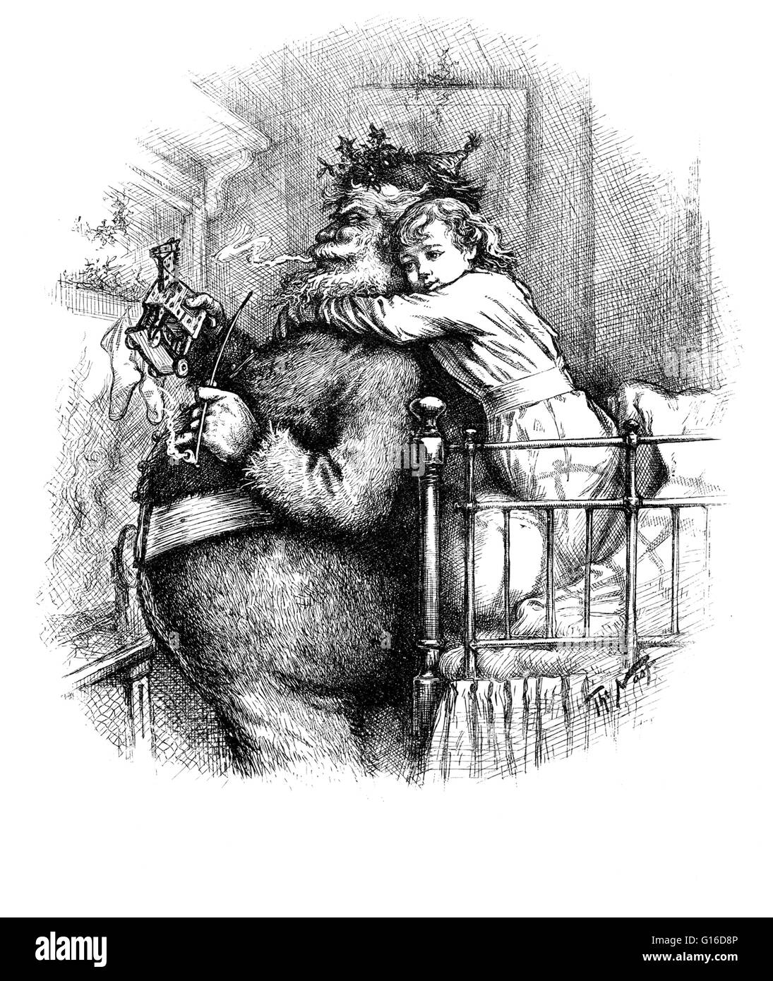 Intitulé : 'attrapé !" gravure de fille au lit avec les bras autour du cou de Santa Claus, qui est maintenant un jouet. Santa Claus, également connu sous le nom de Saint Nicolas, père noël, Kris Kringle et simplement Santa, est une figure légendaire et historique, avec des o Banque D'Images