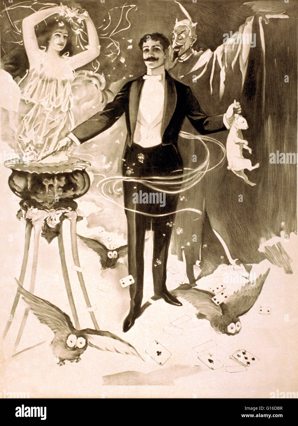 Intitulé : 'Magician holding rabbit et l'illusionnisme esprit entouré de démon et d'hiboux' lithographie affiche créée par U.S. Printing Company, 1899. La magie est un spectacle vivant qui amuse le public en organisant des tours ou la création d'illusions de imposs apparemment Banque D'Images