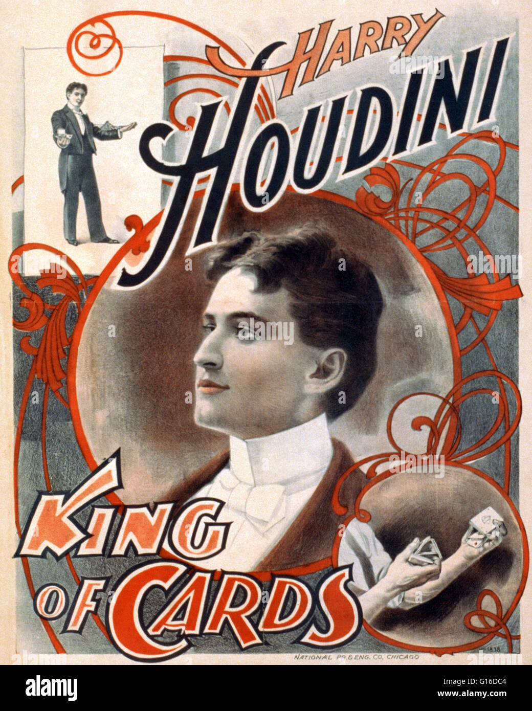 Intitulé : 'Harry Houdini, le roi de cartes' lithographie affiche créée par l'impression et la gravure National Company, 1895. Harry Houdini (Mars 24, 1874 - Octobre 31, 1926) était un Hungarian-American illusionniste et stunt performer, remarqué pour son sensationnel l'esca Banque D'Images