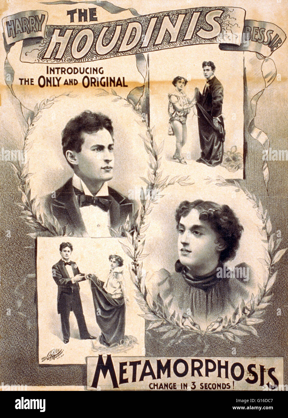 Intitulé : "l'Houdini, Harry, Bessie présentant le seulement et original' lithographie affiche créée par Liebler & Maass lithographie, 1895. Harry Houdini (Mars 24, 1874 - Octobre 31, 1926) était un Hungarian-American illusionniste et stunt performer, noté fo Banque D'Images