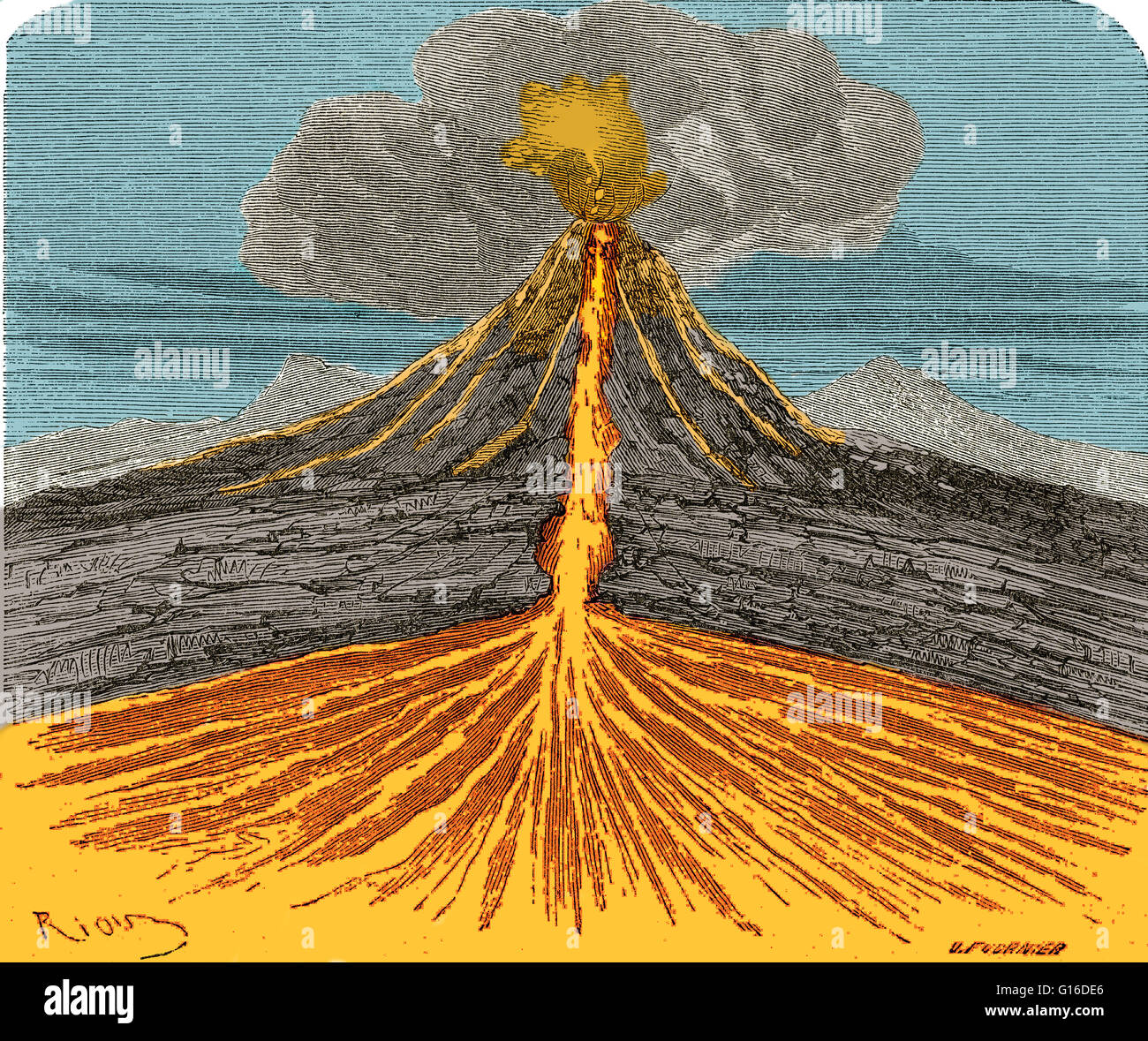 L'article d'un volcan en action, de Louis Figuier a le monde avant le déluge, 1867 American edition. Banque D'Images