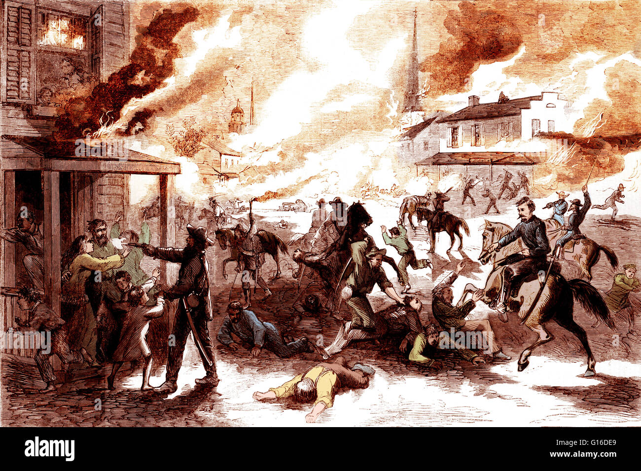 Intitulé : "La destruction de la ville de Lawrence, Kansas, et le massacre de ses habitants par les rebelles de la guérilla, le 21 août 1863.' Gravure fut publiée dans le Harper's Weekly, 5 septembre 1863. William Quantrill's raid sur la ville de l'état-libre Lawrenc Banque D'Images