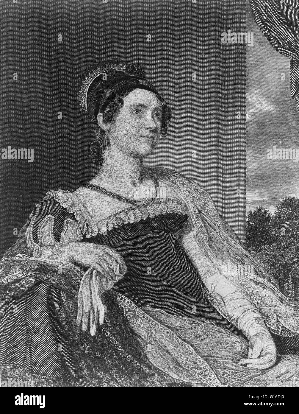 Mme Adams gravée par G.F. À partir de la tempête une peinture par Charles Robert Leslie. Louisa Catherine Johnson Adams (12 février 1775 - 15 mai 1852), épouse de John Quincy Adams, a été la première dame des États-Unis de 1825 à 1829. Elle a été la seule première dame bo Banque D'Images