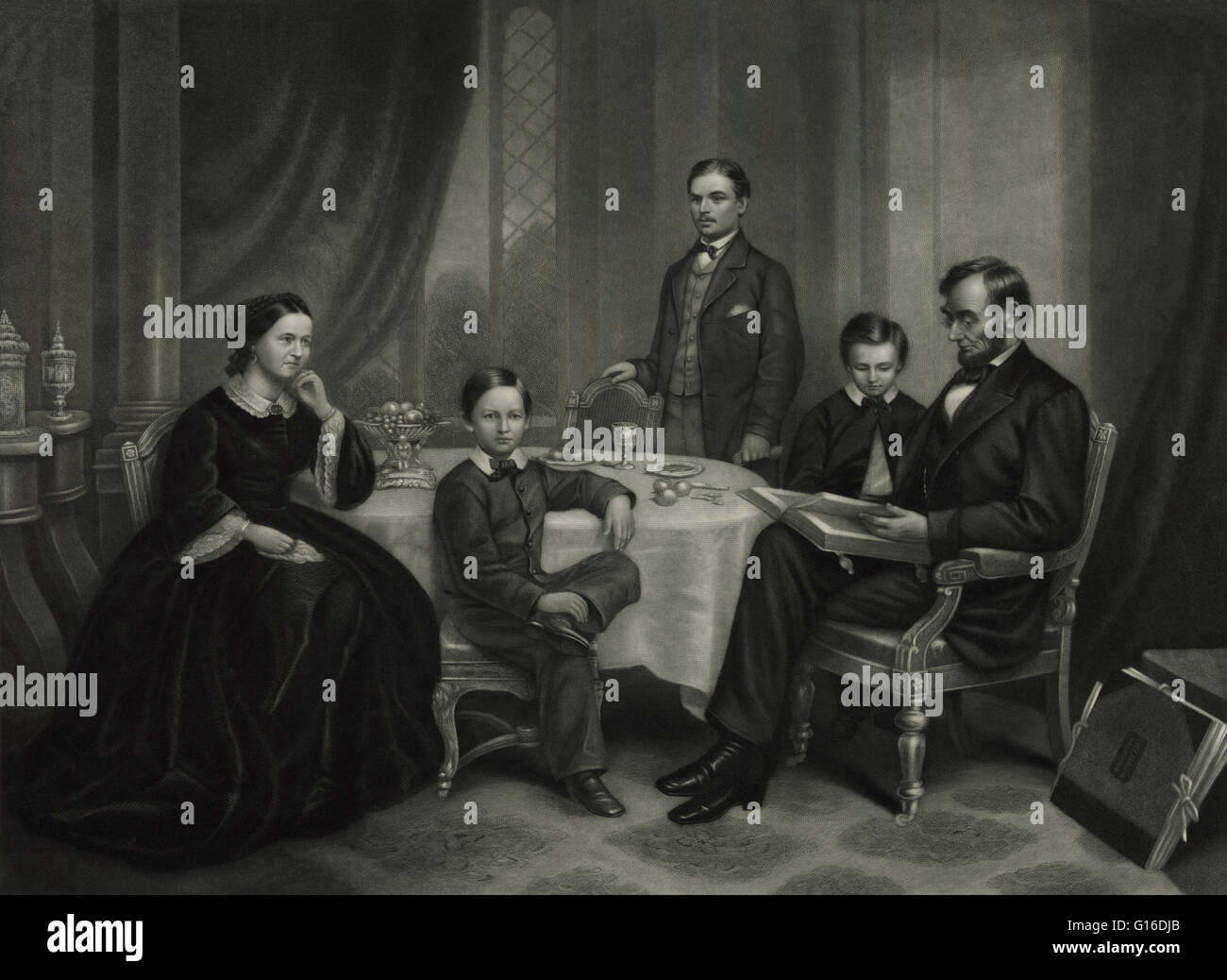 La famille Lincoln en 1861, peint par F.B. Carpenter, gravée par J.C. Buttre. Abraham Lincoln (12 février 1809 - 15 avril 1865) a été le 16e président des États-Unis, à partir de mars 1861 jusqu'à son assassinat en 1865. Il a conduit son pays à travers l'A Banque D'Images