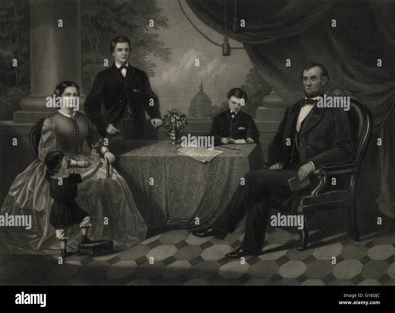 Intitulé : 'famille' Lincoln sans date, aucun artiste crédité. Abraham Lincoln (12 février 1809 - 15 avril 1865) a été le 16e président des États-Unis, à partir de mars 1861 jusqu'à son assassinat en 1865. Il a conduit son pays dans la guerre civile américaine, p Banque D'Images
