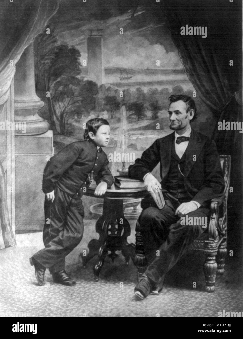 Le président Lincoln et son fils Thaddeus. Photographié par Alexander Gardner, le 5 février 1865. Abraham Lincoln (12 février 1809 - 15 avril 1865) a été le 16e président des États-Unis, à partir de mars 1861 jusqu'à son assassinat en 1865. Il a mené son pays Banque D'Images