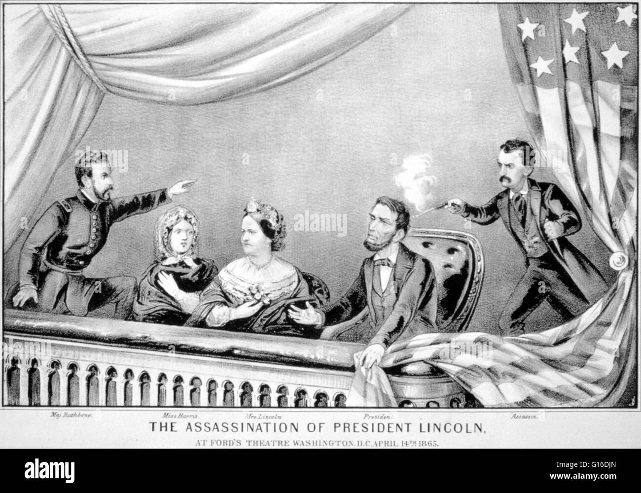 Lithographie Currier & Ives de l'assassinat du président Lincoln : au Ford's Theater, Washington, D.C., avril 14th, 1865. John Wilkes Booth était un célèbre acteur et un espion confédéré du Maryland ; s'il n'a jamais rejoint l'armée confédérée, il avait c Banque D'Images