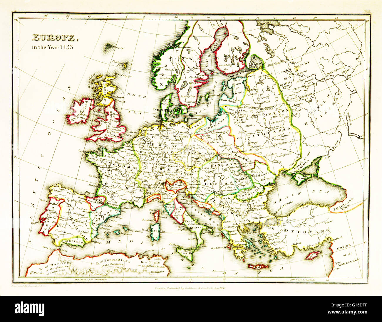 Une carte de l'Europe, montrant les frontières territoriales existant dans le 15e siècle, plus précisément 1453. La chute de Constantinople, capitale de l'Empire byzantin, à l'armée d'invasion de l'Empire Ottoman s'est produit le 29 mai, 1453. Carte publiée en 1831. Banque D'Images