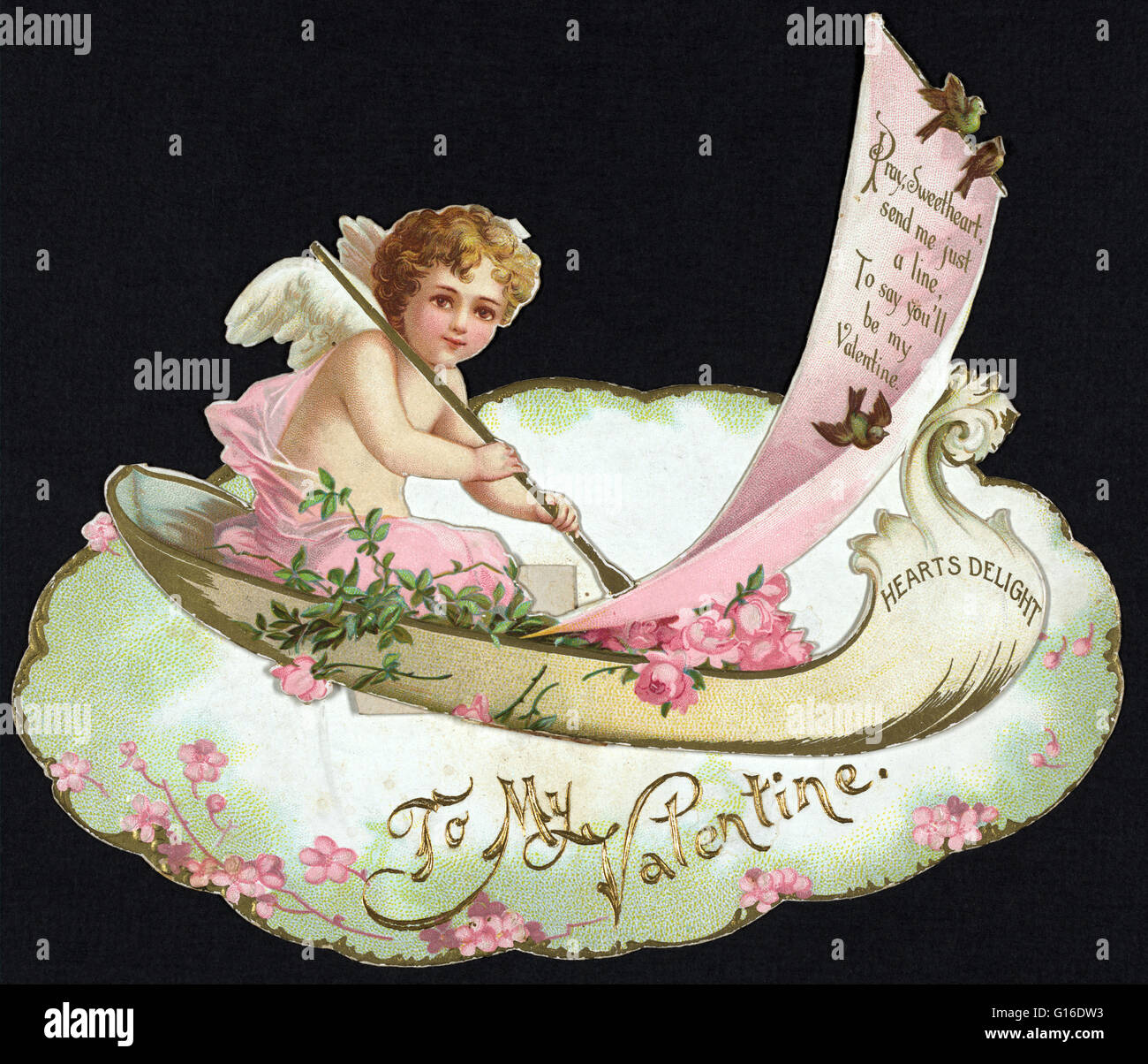 Carte montre un ange pagayer dans un petit bateau appelé 'Hearts Delight' ; la voile a l'inscription : "Priez Sweetheart, envoyez-moi simplement une ligne à dire qu'on va être mon Valentin.' la Saint-Valentin, également connu sous le nom de Saint Valentin, ou la fête de Saint Valentin, Banque D'Images