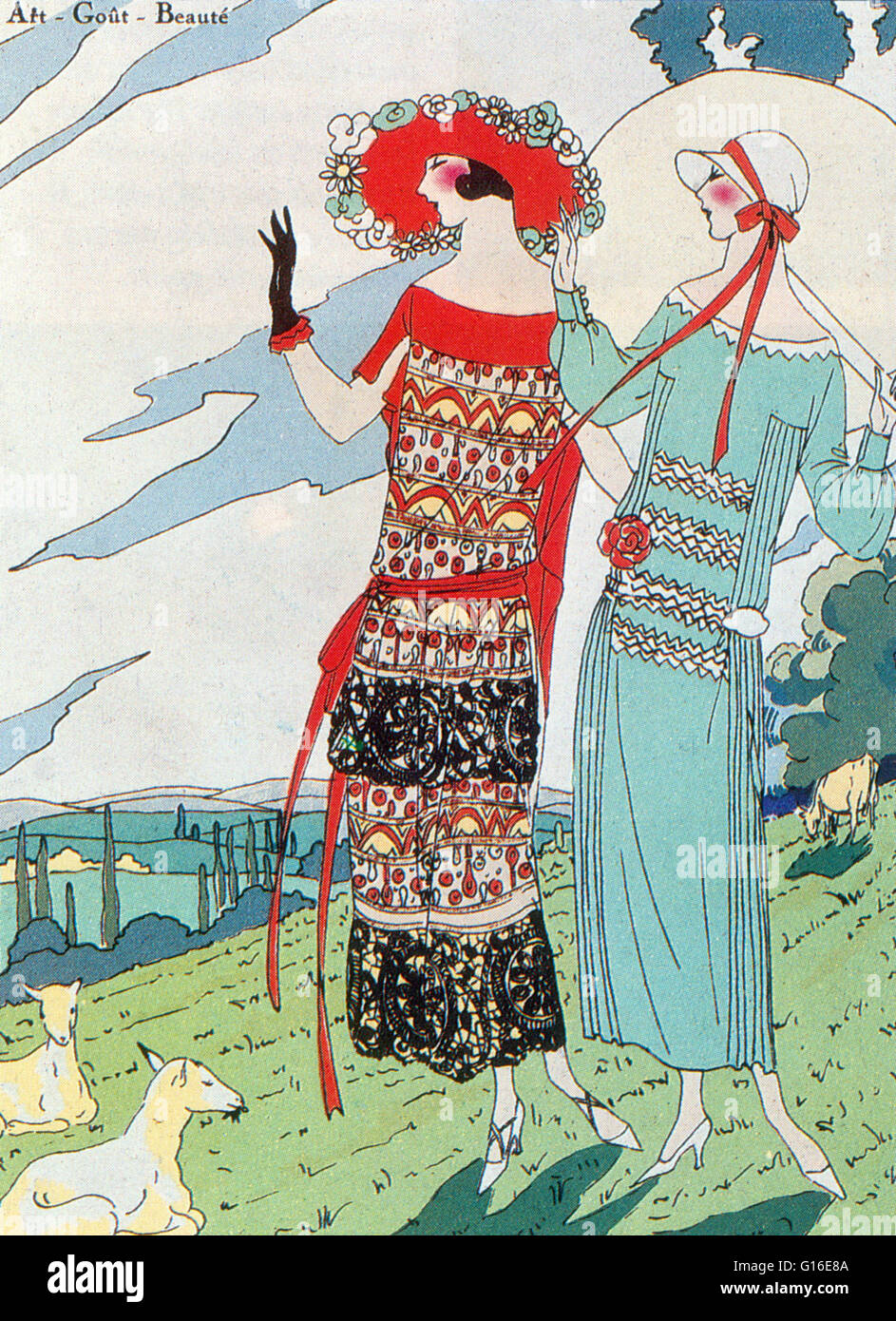 Intitulé : "Bernard & Cie robes d'été, l'illustration de mode, la technique de peinture au pochoir, 1923'. La mode est un élément distinctif et souvent tendance habituelle dans le style de robes d'une personne. C'est l'opinion dominante dans les styles de comportement et la toute nouvelle creations of textile Banque D'Images