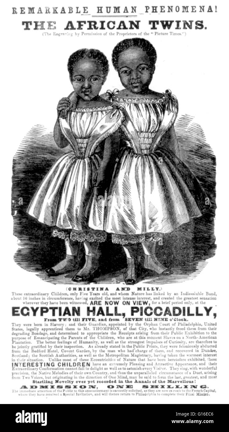 Intitulé : 'phénomènes humains remarquable ! L'African twins, Christina et Milly, sont maintenant en vue, salle égyptienne, Piccadilly.' Woodcut annonce avec une illustration de l'jumeaux siamois, 1855. Millie McCoy et Christine McCoy (Juillet 11, 1851 - 8 octobre Banque D'Images