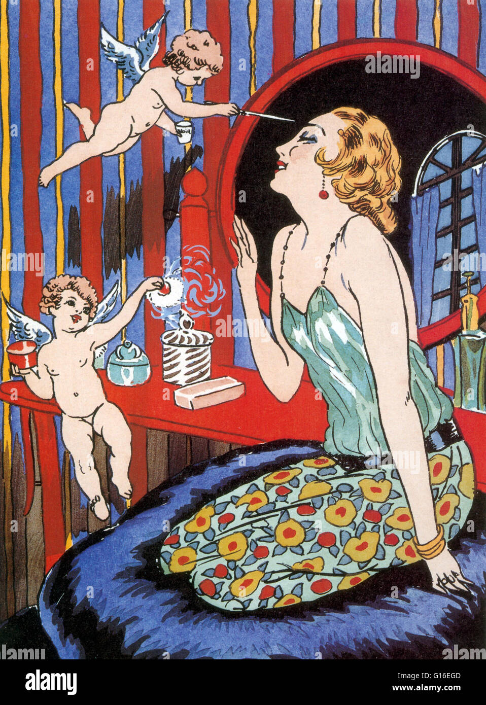 L'illustration de mode de peinture au pochoir par Carlos Bady pour la Journee de Mado publié par galerie Lutèce, Paris, 1932. Cette impression a été produite comme l'un des derniers morceaux de peinture au pochoir de l'époque au cours de la période économique difficile qui a suivi 1929, lorsque beaucoup de petites Banque D'Images