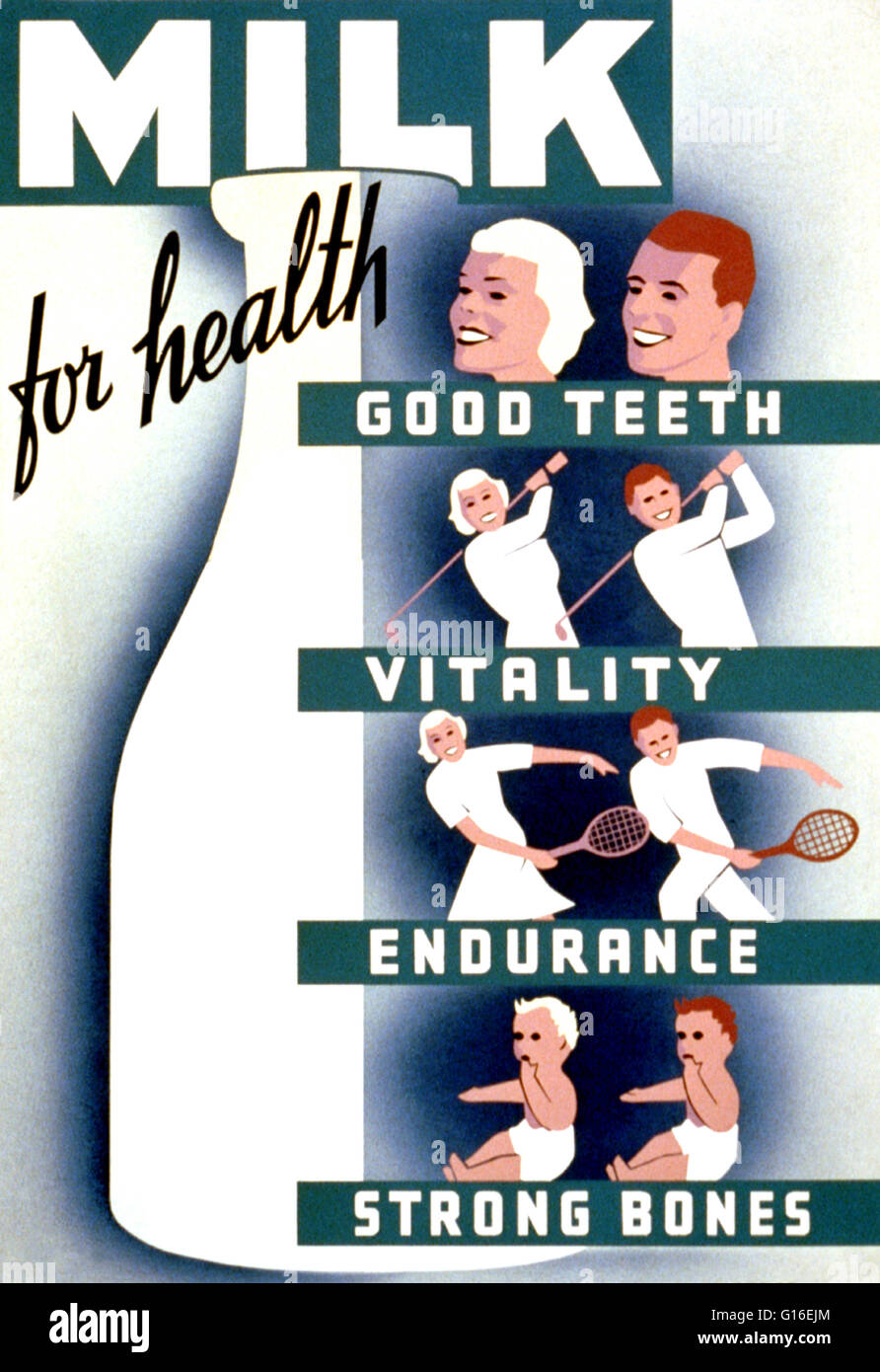 Intitulé : «lait - pour la santé, bonnes dents, la vitalité, l'endurance, des os solides. Affiche pour la promotion de la santé Division de Cleveland le lait, montrant une grande bouteille de lait à côté des couples smiling, jouer au golf, tennis, et deux bébés. Le gouvernement fédéral Art Project (FA Banque D'Images
