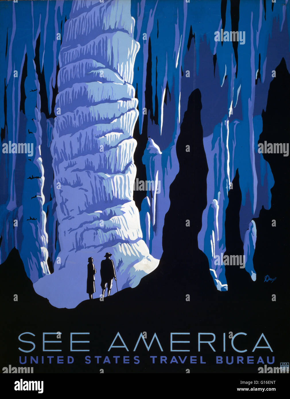 Intitulé : "l'Amérique". Affiche de l'United States Travel Bureau de la promotion du tourisme, montrant deux personnes dans des cavernes. Le gouvernement fédéral Art Project (FAP) a été le bras d'arts visuels de la Grande Dépression froide Nouveau Pacte Works Progress Administration Projet fédéral Banque D'Images