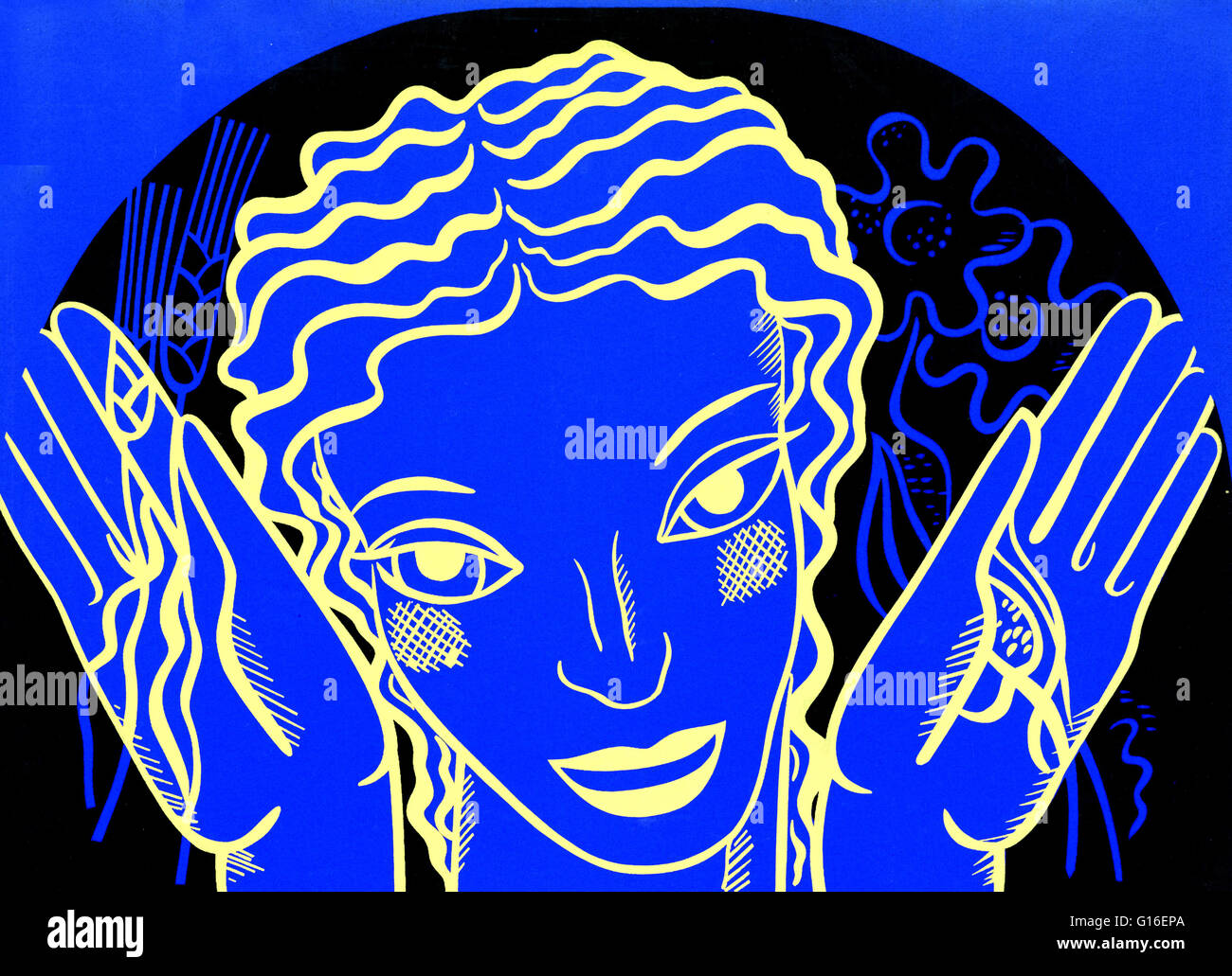La conception d'affiches WPA sur fond bleu montrant la tête et les mains d'une femme tenant des fleurs et du blé. Le gouvernement fédéral Art Project (FAP) a été le bras d'arts visuels de la Grande Dépression froide Nouveau Pacte Works Progress Administration Numéro Un projet fédéral progr Banque D'Images La conception d'affiches WPA sur fond bleu montrant la tête et les mains d'une femme tenant des fleurs et du blé. Le gouvernement fédéral Art Project (FAP) a été le bras d'arts visuels de la Grande Dépression froide Nouveau Pacte Works Progress Administration Numéro Un projet fédéral progr Banque D'Images