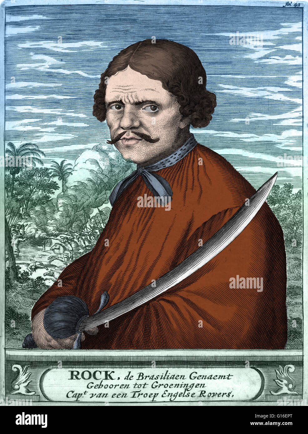 L'accentuation des couleurs d'un dessin de la pirate hollandais Roche Braziliano (1630 - 1671) a disparu. Sa carrière de pirate a duré de 1654 jusqu'à sa disparition autour de 1671. Selon les historiens, il est né comme Gerrit Gerritszoon et que lui et ses parents ont déménagé t Banque D'Images