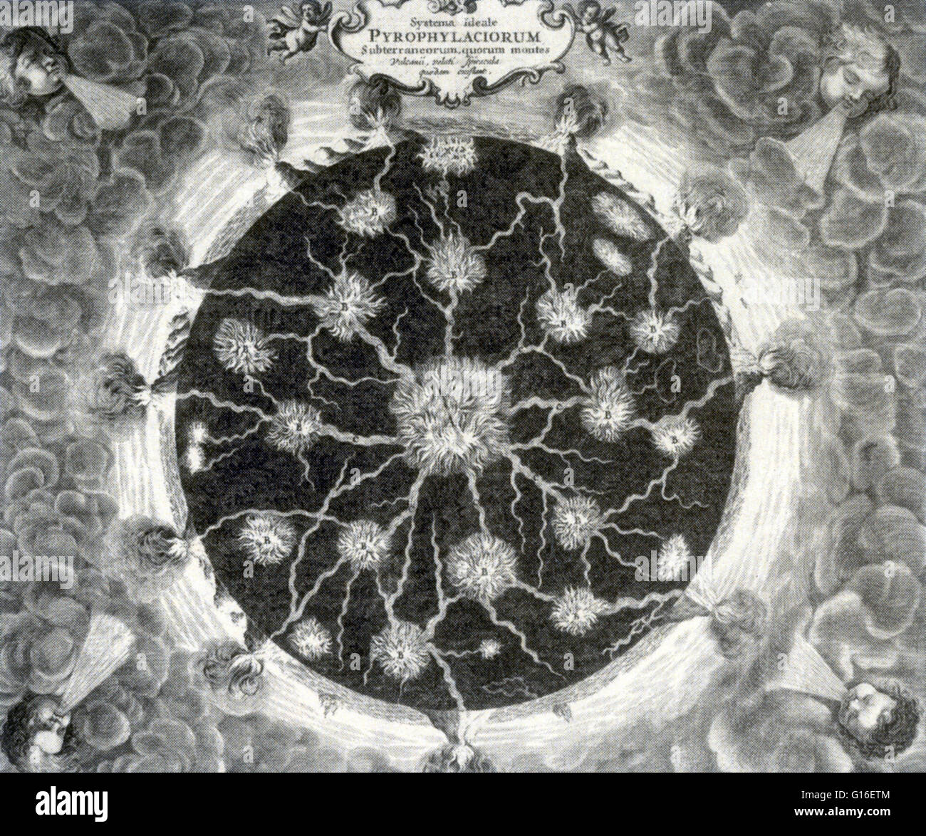 Schéma montrant l'interdépendance d'incendie à l'intérieur de la terre, en vedette dans Micromys minutus Mundus publié en 1664-5 par Athanasius Kircher et Christoph Scheiner. L'illustration montre les volcans à la surface de la Terre et l'eau souterraine les incendies et cha Banque D'Images