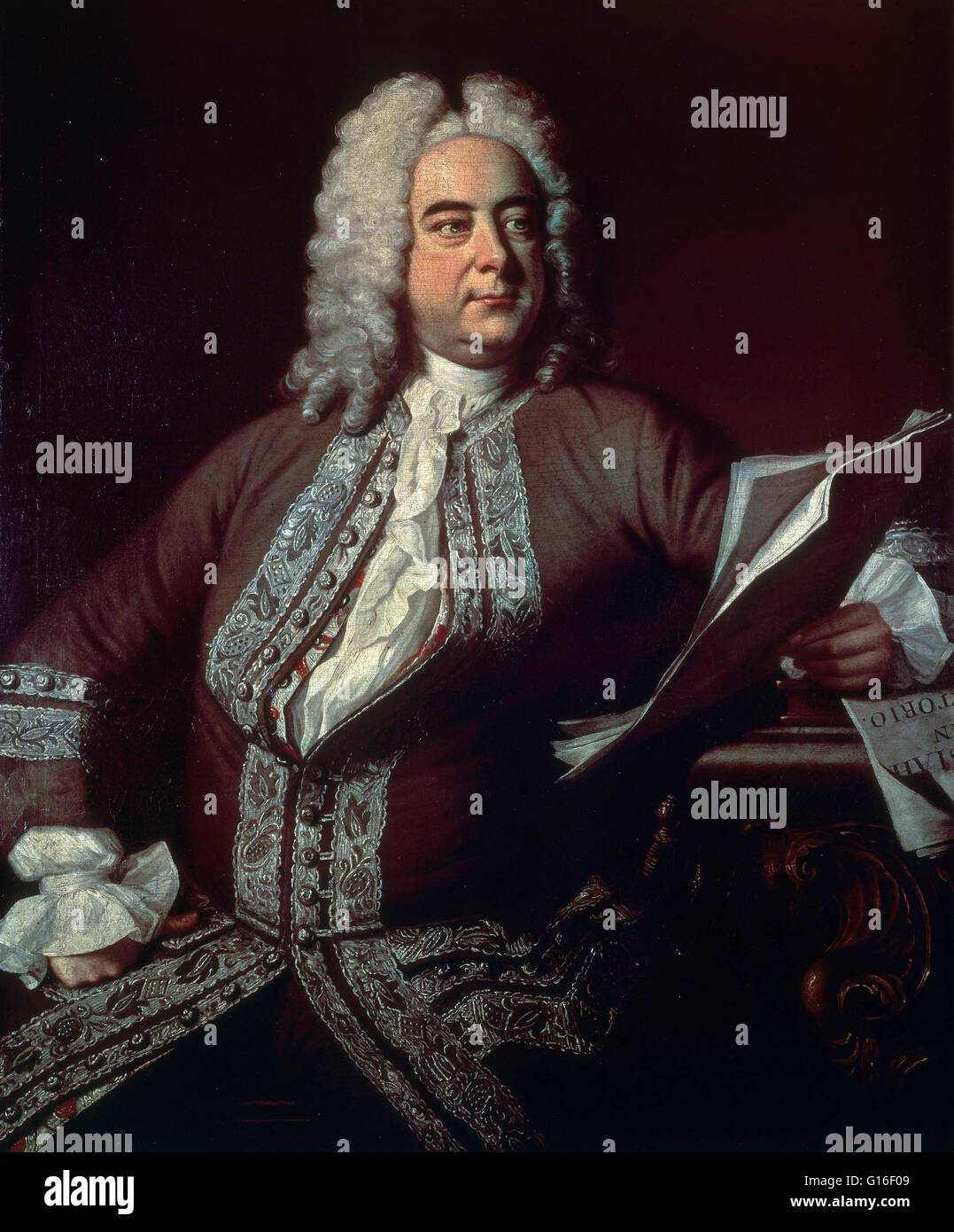Portrait de Haendel en peignant par T., 1749 Hudson. George Frideric Handel (5 mars 1685 - 14 avril 1759) était un compositeur baroque anglo-allemande, célèbre pour ses opéras, oratorios, anthems et orgue concertos. Il a reçu une formation musicale critique à Halle, H Banque D'Images