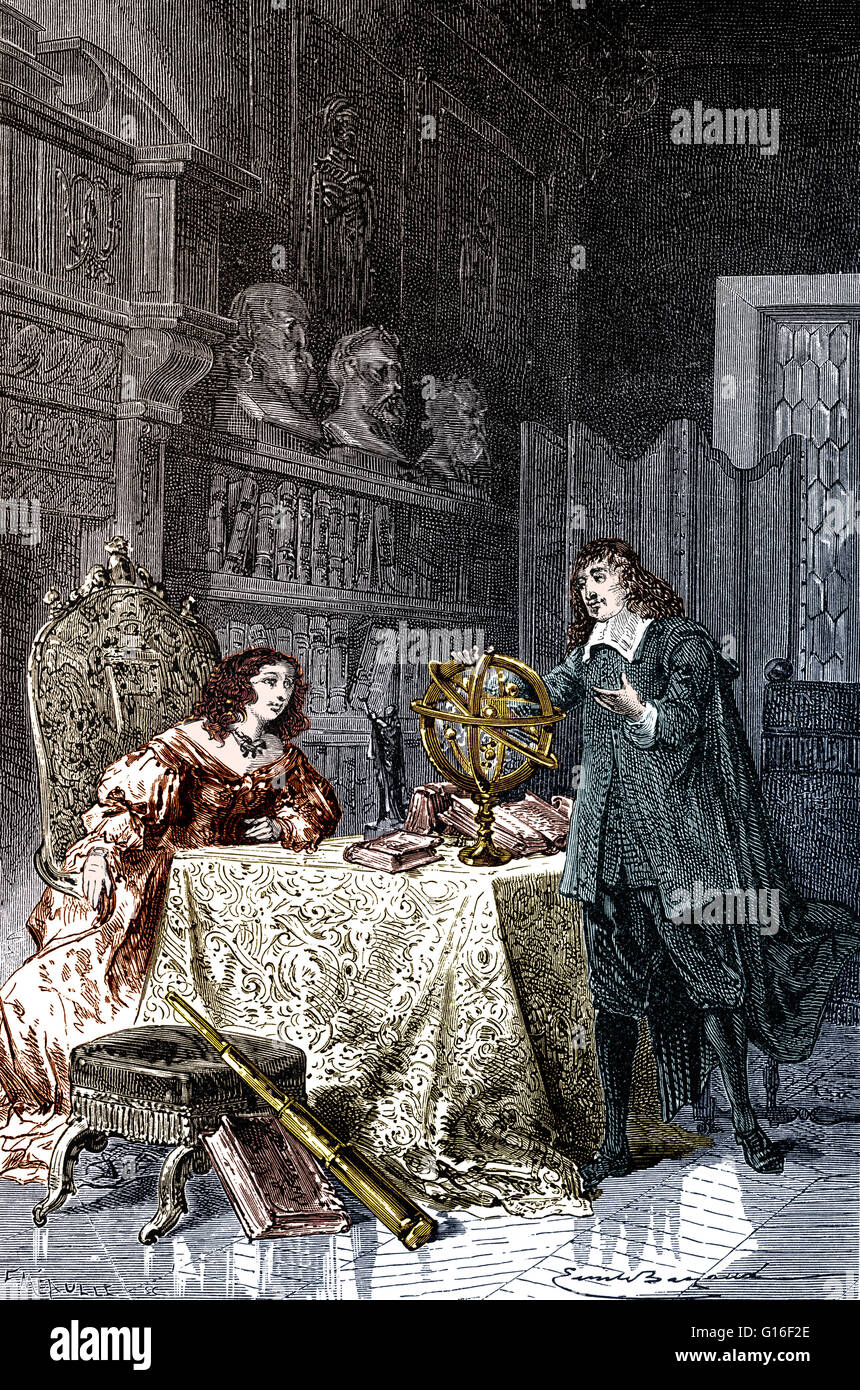 L'enseignement de Descartes L'astronomie à la reine Christine de Suède. René Descartes (1596 - 1650) était un mathématicien français, philosophe et scientifique. Il est considéré comme le père de la philosophie occidentale moderne, proposant une métaphysique rationaliste comme un rejet o Banque D'Images