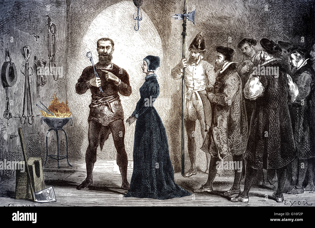 Le bourreau de Stuttgart montre la mère de Kepler les instruments de torture qu'il va utiliser sur elle si elle n'avoue pas. Katharina Kepler (1546 - 1622), née Katharina Guldenmann, était marié à Heinrich Kepler et a eu une fille et trois fils ; o Banque D'Images