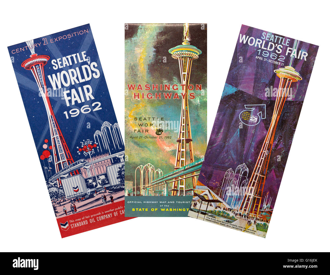 1962 illustration de la foire mondiale de Seattle sur les couvertures d'une carte du parc des expositions Standard Oil of California, carte de l'autoroute de l'État de Washington, et Banque D'Images