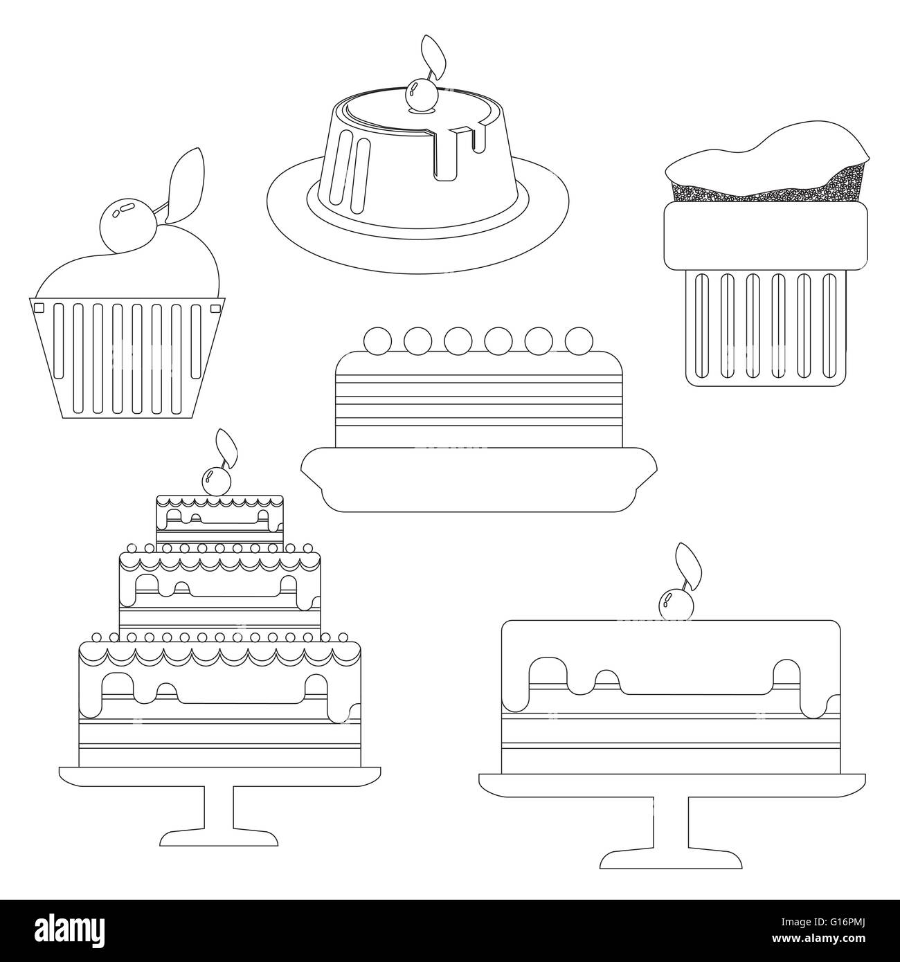 Carte avec six grandes couches gâteaux crème sur un fond blanc, à contour noir style. Digital image vectorielle. Illustration de Vecteur