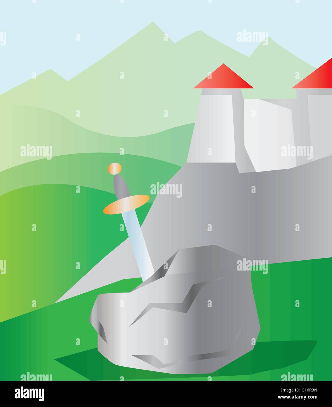 Une épée dans une pierre, près d'un château au toit rouge dans le vert des montagnes. Illustration vecteur de fond numérique. Illustration de Vecteur