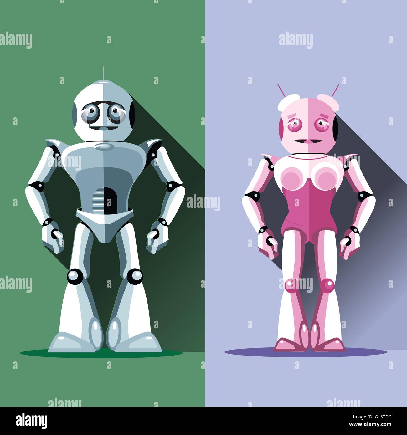 Deux d'argent et rose les robots humanoïdes, hommes et femmes. Illustration vecteur de fond numérique Illustration de Vecteur