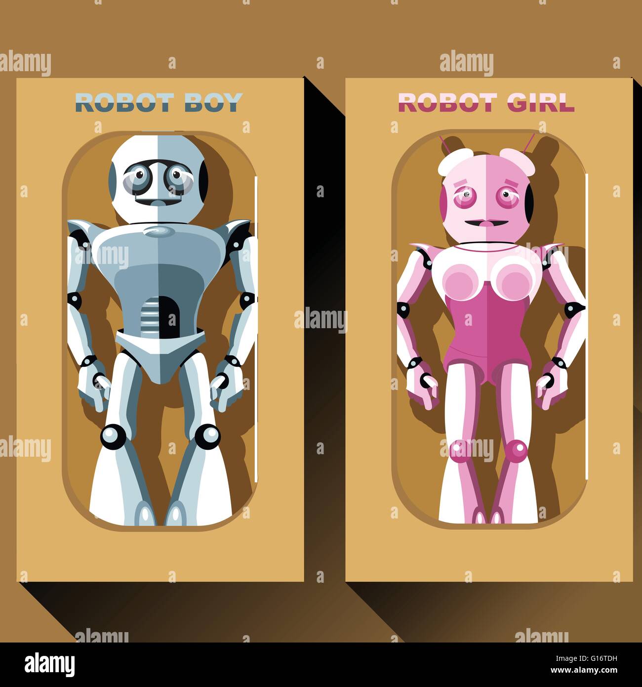 Deux d'argent et rose les robots humanoïdes en boîtes, hommes et femmes. Illustration vecteur de fond numérique Illustration de Vecteur