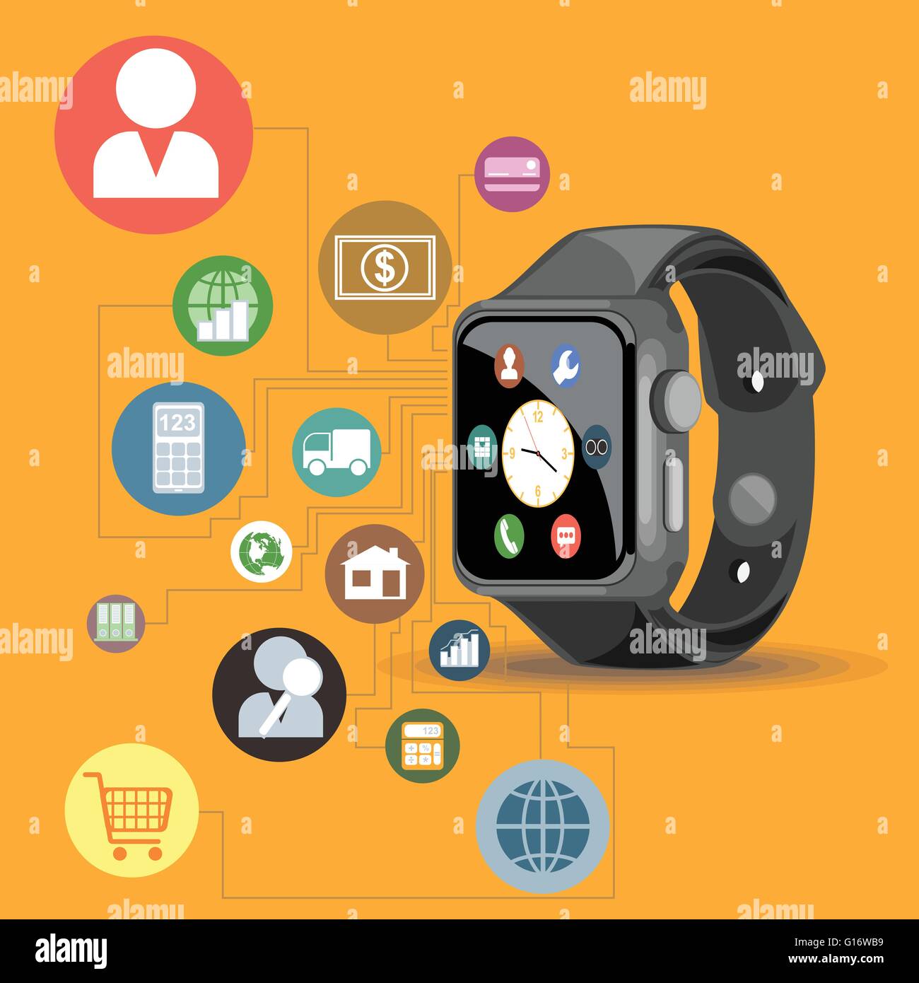 Une smart black watch avec le temps, les appels, courriels, contacts, batterie et d'informations sur la météo d'icônes sur l'afficheur. Illustration de Vecteur