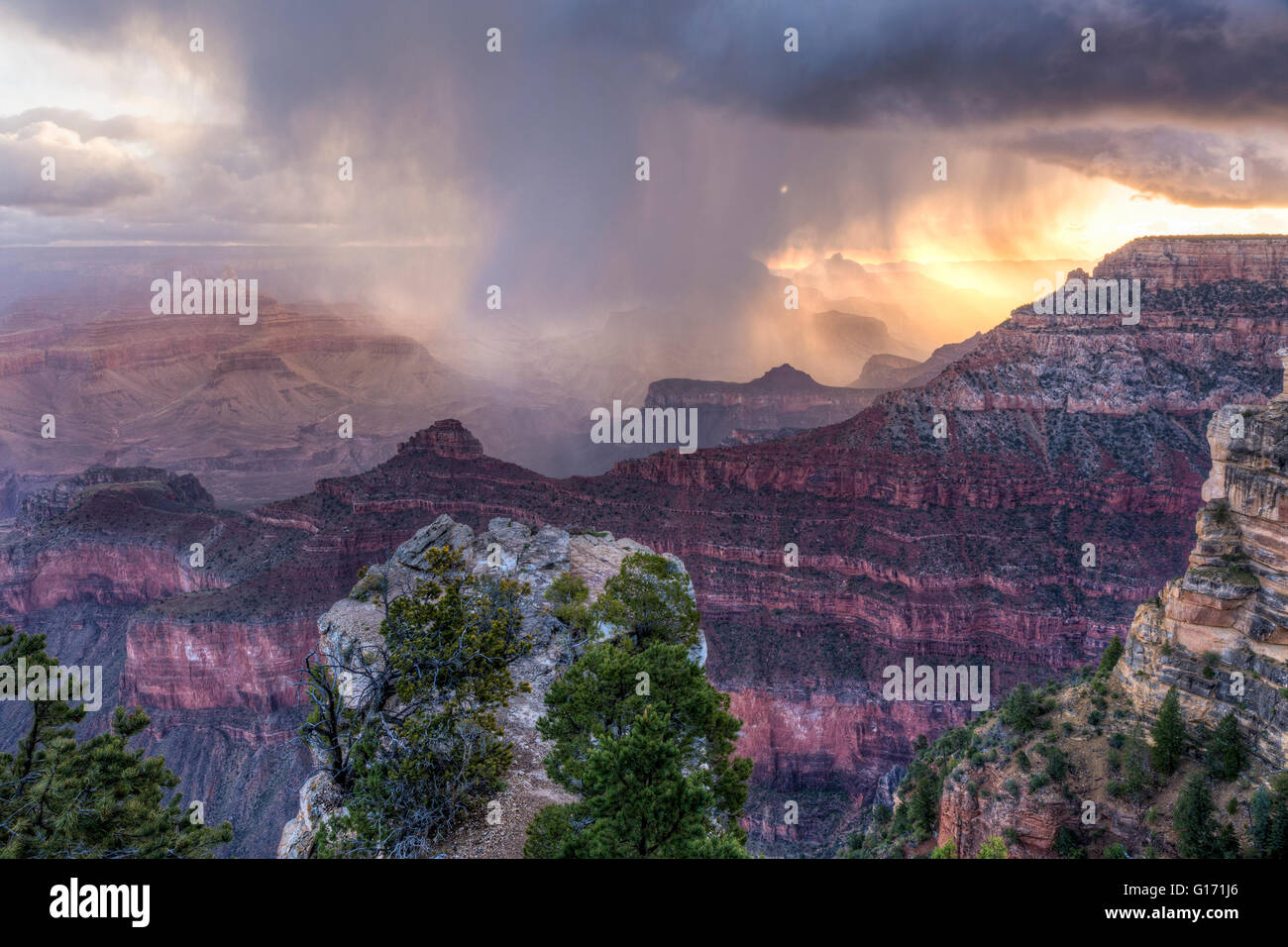 Une bourrasque de neige tourbillonne dans le Grand Canyon et le coucher du soleil, vu de Mather Point dans le Parc National du Grand Canyon, Arizona. Banque D'Images