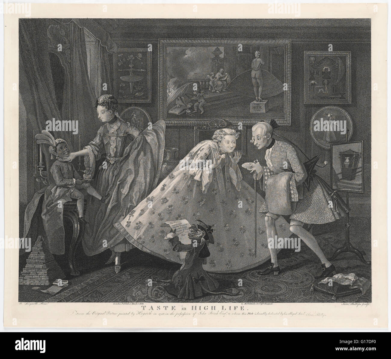 Gravure sur papier intitulée "Goût dans la vie élevé', gravé par Samuel Phillips après William Hogarth et publié par Boydell & C Banque D'Images