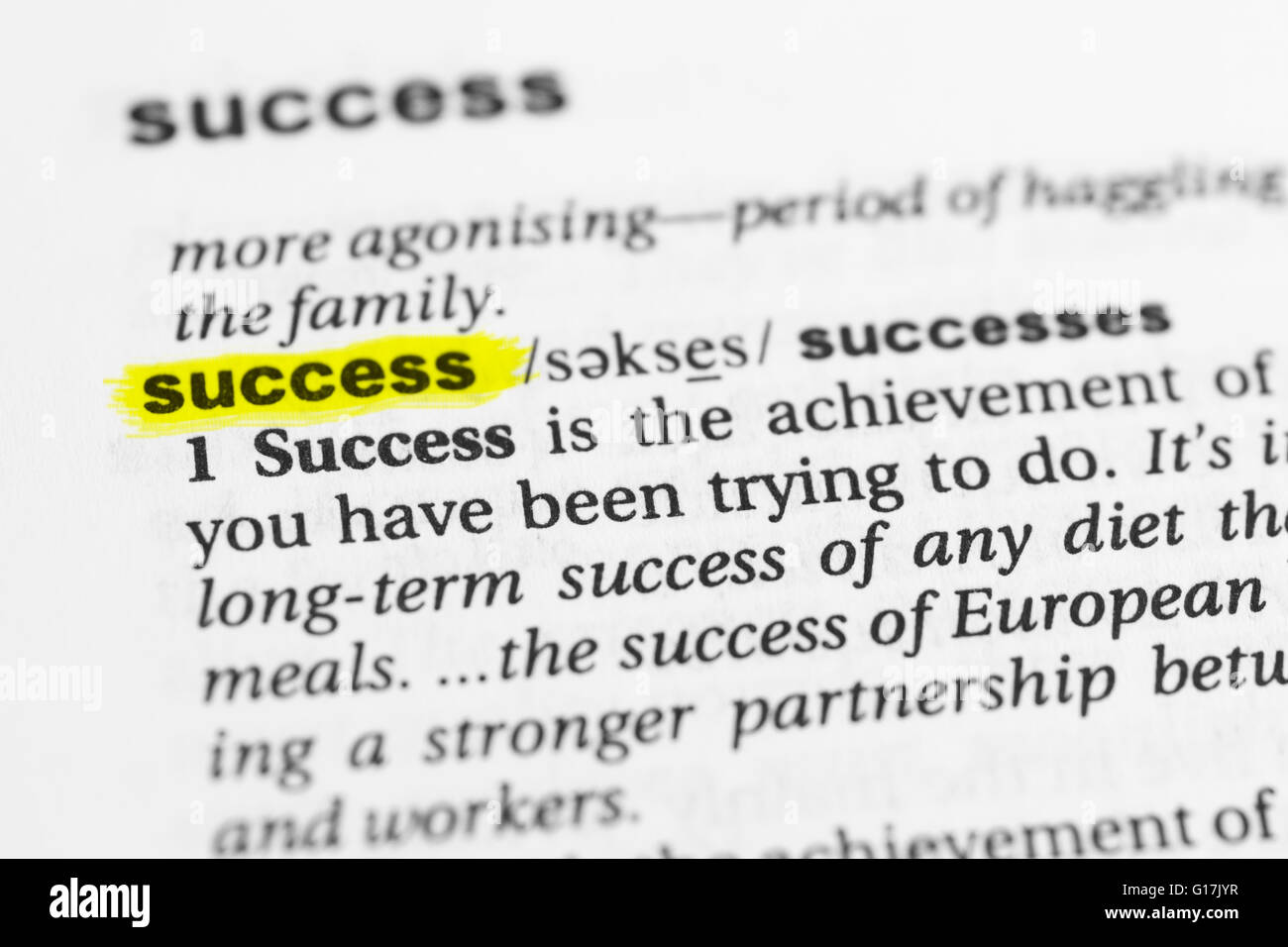 Détail du mot anglais "succès" mis en évidence et sa définition dans le dictionnaire Banque D'Images