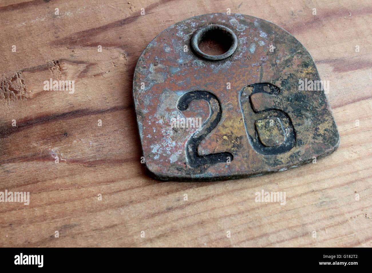 Une ancienne étiquette d'oreille en métal. Banque D'Images