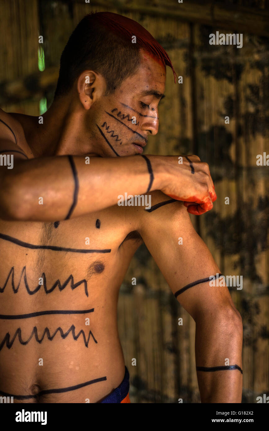 SANTO DOMINGO, l'Équateur, le 26 janvier 2015 : Indian man (Los Colorados Tsáchila) tribu dans les peintures vêtements usine de jus de cheveux Banque D'Images